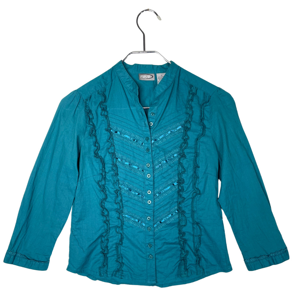 Y2K Rave Womens Blouse S Teal Lace Ruffle Button Down Rave Fairy Frilly Boho